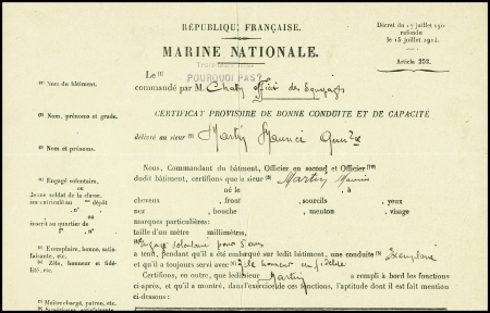 Certificat de bonne conduite du quartier maitre Maurice Martin (1929) avec griffe violette "Trois mâts aviso Pourquoi Pas" + cachet violet avec ancre