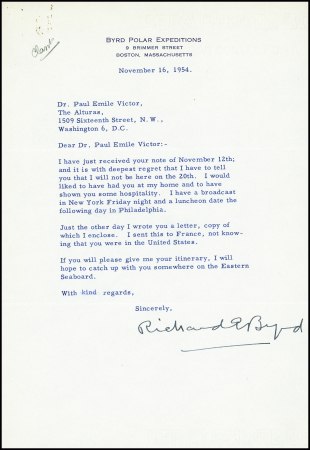 Lettre dactylographié de Byrd à Paul Emile Victor (16 nov 1954) : en déplacement, il ne peut pas rencontrer PEV qui se trouve de passage aux USA. TB