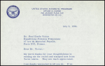 Lettre dactylographiée de Byrd Paul Emile Victor (5.7.1956) le remerciant pour l'envoi d'une lettre OBL en terre Adélie + note manuscrite de PEV sur sa première rencontre avec Byrd