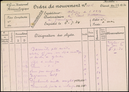 Fiche A4 de mouvement de matériel pour le Pourquoi Pas? (5.7.1934) avec signature de Paul Emile Victor. TB