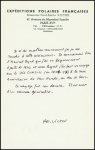 Carte d'invitation à l'inauguration du monument dédié à Byrd au cimetière d'Arlington (13 nov 1961) + note de PEV à en-tête des EPF sur le dernier voyage de Byrd en 1956 - 1957. TB