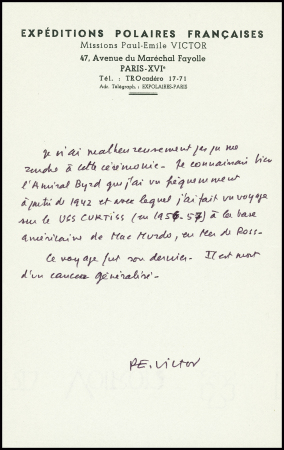 Carte d'invitation à l'inauguration du monument dédié à Byrd au cimetière d'Arlington (13 nov 1961) + note de PEV à en-tête des EPF sur le dernier voyage de Byrd en 1956 - 1957. TB