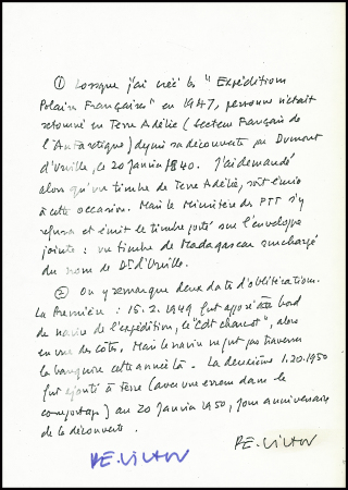 Note de Paul Emile Victor concernant l'émission d'un timbre pour les TAAF qui fut refusée par les PTT (1948) et remplacée par le timbre 100F surchargé. TB