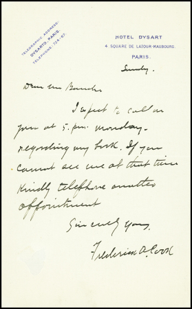 Note autographe de Frédérick Cook à en-tête de l'hotel Dysart à Paris. TB