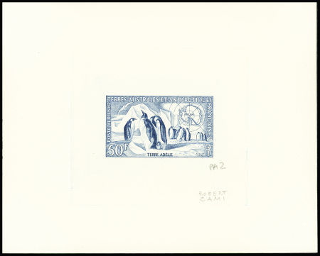 TAAF PA n°2, 50F manchots, épreuve d'artiste en bleu signée Robert Cami. TB