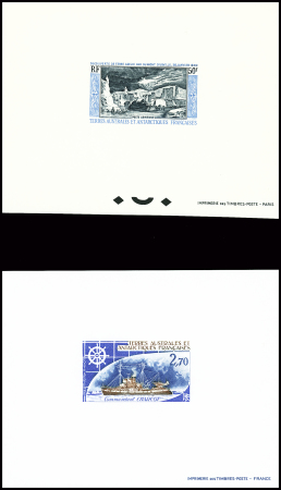 TAAF PA n°8, 50F découverte Terre Adélie + PA n°45, 2F70, navire commandant Charcot, 2 épreuves de luxe. TB