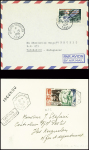 2 lettres : Madagascar PA 72 obl Tananarive RP (15.11.49) sur lettre pour Kerguelen avec au verso CAD "Archipel Kerguelen Madagascar" (12.1.50) et CAD de retour Tananarive RP