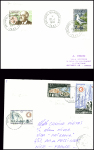 2 lettres : TAAF n°19 + 24 obl Kerguelen (1969) et TAAF n°20 + 21 + PA7 obl Kerguelen (1964). TB, cote timbres