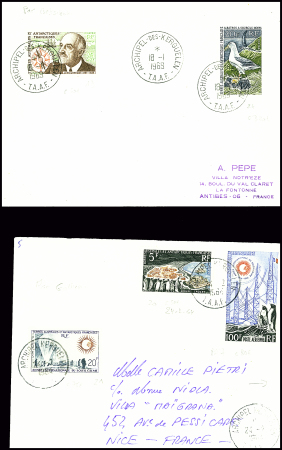 2 lettres : TAAF n°19 + 24 obl Kerguelen (1969) et TAAF n°20 + 21 + PA7 obl Kerguelen (1964). TB, cote timbres