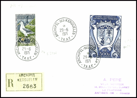 TAAF n°24 + PA21 obl Kerguelen (1971) sur lettre recommandée. TB. Cote timbres
