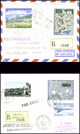 3 lettres AFF TAAF PA 24 + PA26, PA14 + PA19 + PA20, PA17 + PA19 + n°31, 2 pièces, obl Terre Adélie (1971 et 1972) et Kerguelen (1972). TB