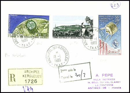 TAAF PA6 + PA9 + PA14 obl Kerguelen (19.1.1989) sur lettre recommandée. TB. Cote timbres
