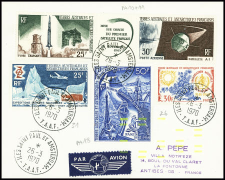 TAAF n°31 + 26 + PA10 et 11 + PA18 obl CAD "Iles Saint Paul et Amsterdam TAAF" (26.3.1970) sur lettre. TB