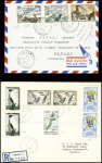 2 lettres : Madagascar n°327 + 328 + 329 obl Ambania Madagascar (27.11.57) avec au verso CAD d'arrivée Terre Adélie (1.1.1957) et TAAF n°12 + 13 en paire + 14 en paire + 15 en paire obl