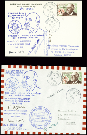 TAAF n°19 obl Terre Adélie (20.12.1961) sur carte des EPF avec divers cachets dont MS Magga Dan + env idem avec divers cachets. TB