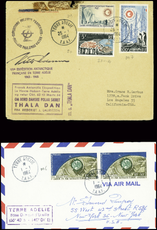 TAAF PA n°6 en paire obl Terre Adélie (1.1.1964) sur lettre par avion pour les USA et TAAF n°20 + 21 + PA7 obl Terre Adélie (25.1.64) sur lettre pour Los Angeles avec cachet du Thala Dan