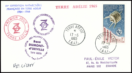 TAAF PA9 (cote 150€) obl Terre Adélie (17.5.1965) sur env avec divers cachets + signature PEV. TB