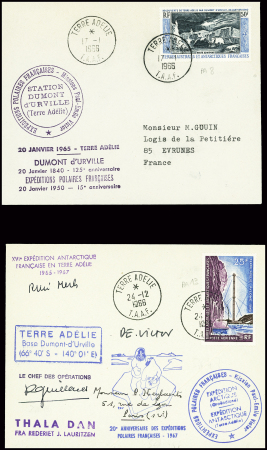 TAAF PA n°8 obl Terre Adélie (17.1.66) sur lettre et TAAF PA n°13 obl Terre Adélie (24.12.1966) sur lettre avec divers cachets + signature de R.Guillard. TB. Cote timbres