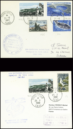 2 lettres AFF TAAF n°13C + 22 + PA14 + PA17 obl Terre Adélie (21.6.1969) et TAAF n°14 + PA14 obl Terre Adélie (25.2.1968). TB, cote timbres