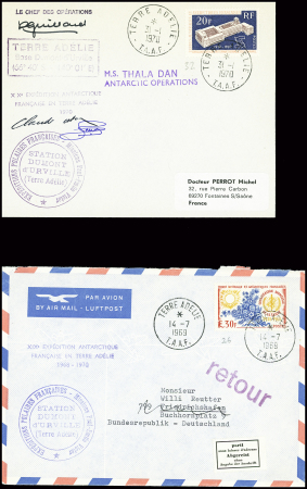 2 lettres : TAAF n°32 obl Terre Adélie (31.1.70) sur lettre avec griffe Thala Dan et XXe expédition et TAAF n°26 obl Terre Adélie (14.7.1969) sur lettre avec griffe XIXe expédition