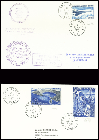 2 lettres dont TAAF PA n°19 obl Terre Adélie (16.2.1970) sur lettre avec griffe de la 20e expédition. Rare car le PA 19, 85F Concorde n'a pas été vendu en Terre Adélie. TB