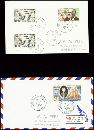 4 lettres AFF divers TAAF dont n°19 - 18 - 25 - PA18 obl Crozet. TB