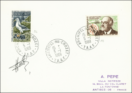 TAAF n°19 + 24 obl Crozet (1969) sur lettre. TB. Cote timbres