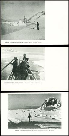 3 cartes postales neuves sur carton glacé Expédition Antarctique Charcot 1903 - 1905 : Le 14 juillet à Port-Charcot, excursion d'hiver en baleinière, La banquise autour du Français