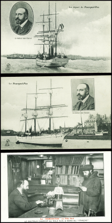 2 cartes postales du Pourquoi Pas diff avec Charcot en médaillon + CP "le docteur Charcot au Pôle Sud à bord du Français" (La Remington au Pôle Sud). TB