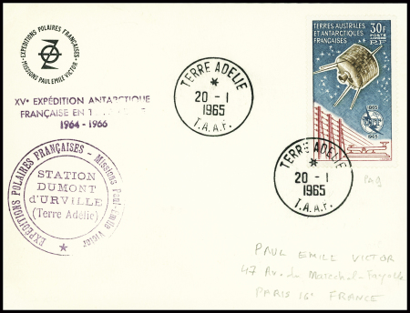 TAAF PA n°9 obl Terre Adélie (20.1.1965) sur carte PEV (2 explorateurs se serrant la main au-dessus du globe). TB. Cote timbre 150€