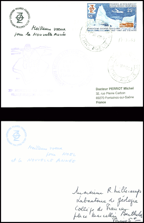 2 cartes de vœux PEV : explorateur en barque parmi les icebergs et explorateur sur séracs (dessin bleu). TB