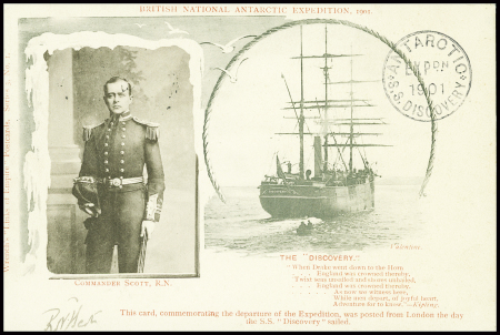 GB n°92 obl London FC (1901) sur carte postale représentant Scott et le départ du Discovery avec cachet rond "Antarctic EXPon 1901 SS Discovery". TB