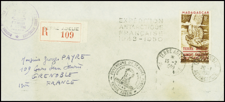 3 lettres AFF TAAF PA n°1 obl Terre Adélie (15.2.49 et 20.1.50 (2) - 15.2.49 et erreur 1.20.50). TB