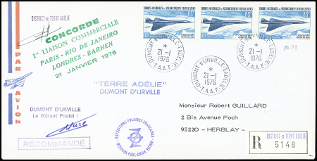 TAAF PA 19, 85F Concorde, bande de 3 obl Dumont d'Urville (21.1.1976) sur lettre recommandée avec griffe verte "Concorde 1re liaison commerciale Paris Rio de janeiro 21 janvier 1976"