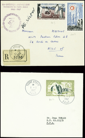 4 lettres avec bons AFF TAAF PA2 + PA5 + PA7 + 19 + PA20 obl Terre Adélie (1961 - 1970). TB