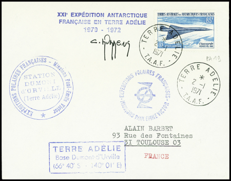 TAAF PA 19 obl terre Adélie (2.1.1971) sur lettre avec griffe de la XXIe expédition. Rare et TB (le PA19 n'a pas été vendu en terre Adélie). TB
