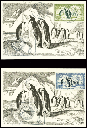 2 cartes maximum Robert Cami avec adresse imprimée des EPF AFF respectivement TAAF PA2 et PA3 obl 1958. TB