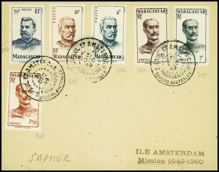Madagascar n°317 + 315 + 314 + 310 + 309 + 308 obl CAD "St Paul et Amsterdam Madagascar depend. australes" (31 dec 49) sur env sans adresse avec griffe "Ile Amsterdam mission 1949 - 1950"