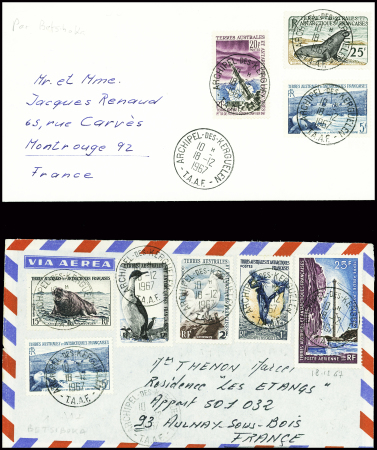 7 lettres AFF divers TAAF dont n°20+21+PA5 (1er emploi 24,12,1962) + PA10 + PA12 obl Kerguelen dont 2 lettres transportées par le Betsiboka. TB