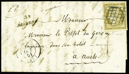 N°1b 10c bistre-verdâtre obl grille + cursive "31 Seissan" + T15 Auch (1851), Gers, sur lettre. TB
