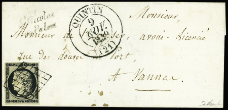 N°3 obl grille + cursive "21 St Nicolas du Pelem" + T13 "Quintin (21)" (1849) sur lettre, ind 23. TB
