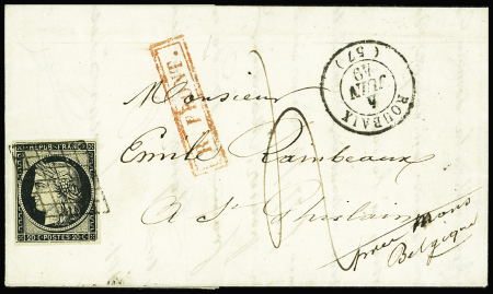 N°3 obl grille + T15 "Roubaix (57)" (4 juin 49) sur lettre pour St Ghislain (Belgique) avec taxe manuscrite et griffe encadrée rouge "R.Front". Jolie pièce RR