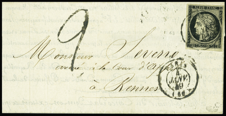 N°3 obl CAD T15 "Paris (60) (4 janv 49) répété à côté sur lettre en double port pour Rennes insuffisamment AFF avec taxe tampon 2 façon manuscrite. TB. Signé Calves et Roumet