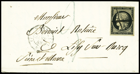 N°3 obl Croix à la plume + taxe 3 manuscrite + T15 "F Paris F (60)" (7 janv 49) sur lettre. TB