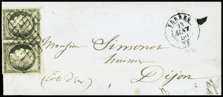 N°3c 20c gris-noir en paire obl grille + T15 "Yerres (72)" (1850) sur lettre pour Dijon. TB