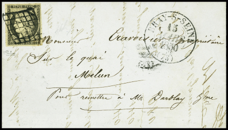 N°3b 20c gris sur chamois obl grille + T13 "Bray-s-Seine (73)" (1850) sur lettre. TB. Certificat RSP. TB