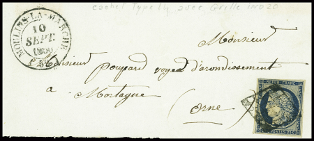 N°4 obl grille + T15 "Moulins-la-Marche (59)" (1850) sur lettre, ind 18. TB