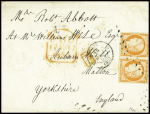 N°5 40c orange en paire, marge supérieure réduite mais filet intact obl rouleau de points + T15 "Paris" (1853) sur lettre pour la Grande Bretagne, certificat Robineau, très frais