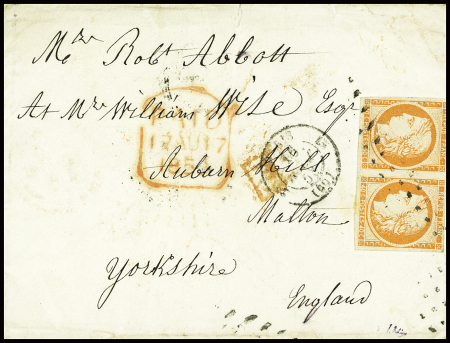 N°5 40c orange en paire, marge supérieure réduite mais filet intact obl rouleau de points + T15 "Paris" (1853) sur lettre pour la Grande Bretagne, certificat Robineau, très frais