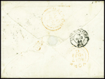 N°5 40c orange en paire, marge supérieure réduite mais filet intact obl rouleau de points + T15 "Paris" (1853) sur lettre pour la Grande Bretagne, certificat Robineau, très frais